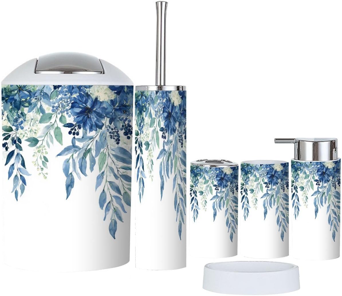Bathroom Accessories Set 6 Pcs Blue Eucalyptus Leaf Plant Leaves Navy Blue Leaves White Flowers Toothbrush Holder Cup Soap Dispenser Soap Dish Toilet Brush Holder Trash Can for Countertop Decor