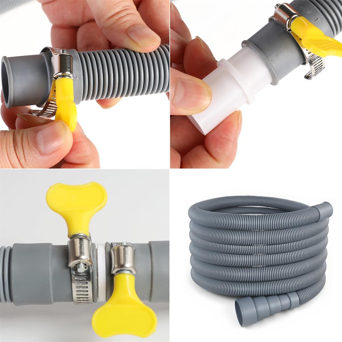 Washing Machine Drain Hose Universal 11.4 FT Dishwasher Drainage Hose Flexible Corrugated Washer Hose Extension Kit with 1 U-Bend Holder, 1 Extension Adapter and 4 Steel Clamps