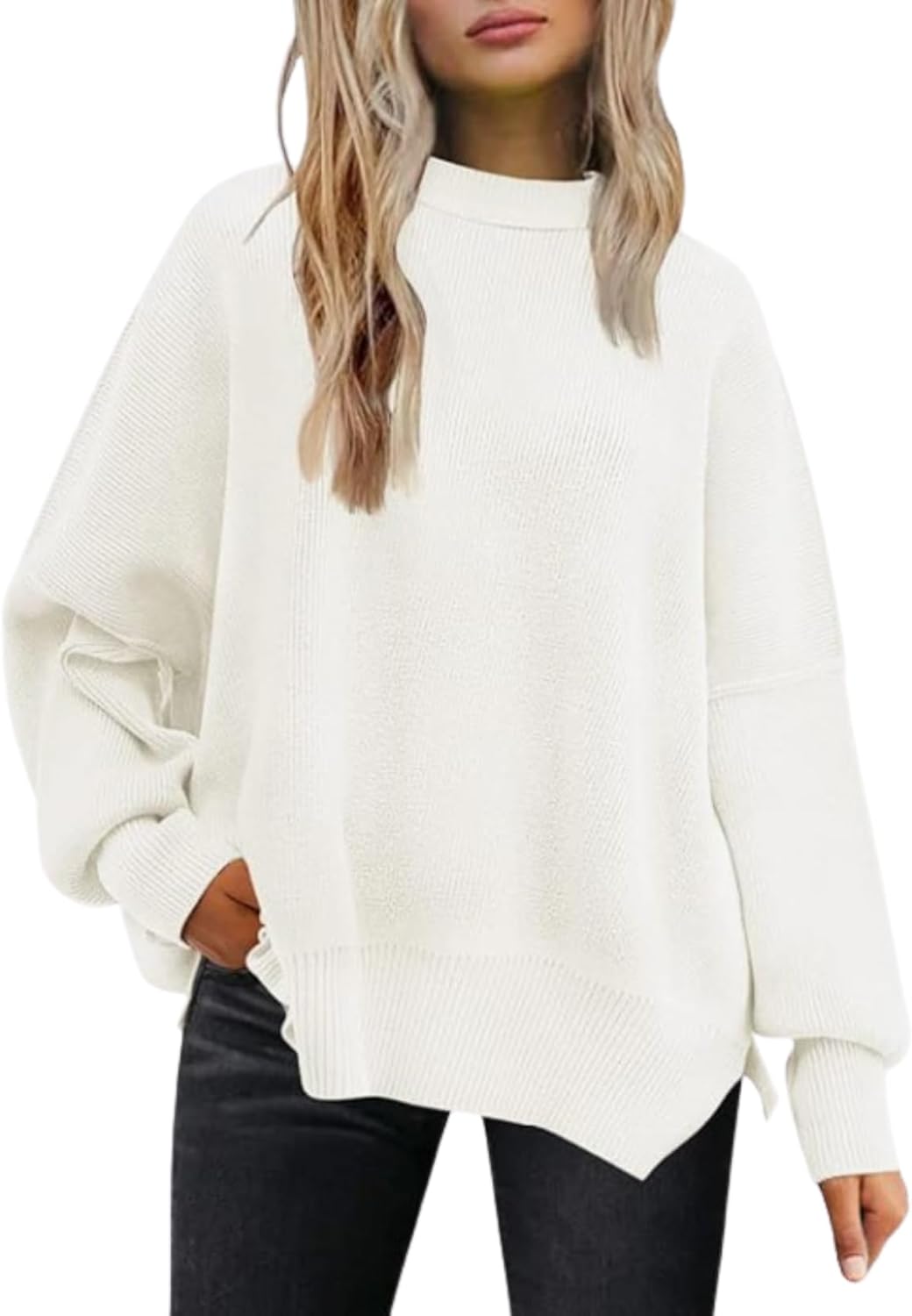 LIZALIG Women's Oversized Batwing Casual Sweaters Fall Outfits Knit Side Slit Fashion Crewneck Pullover Batwing Tops