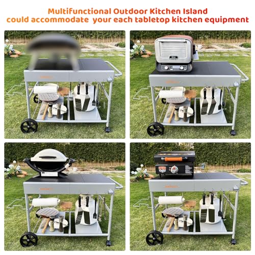 Image of Upgraded Pizza Oven Cart Table for Ooni Koda /Karu /Fyra 16 & 12, Movable Thicken & Widen Rolling Kitchen Cart, Outdoor Grill Stand for Ninja Woodfire,Blackstone Griddle,Barbecue Tool Set