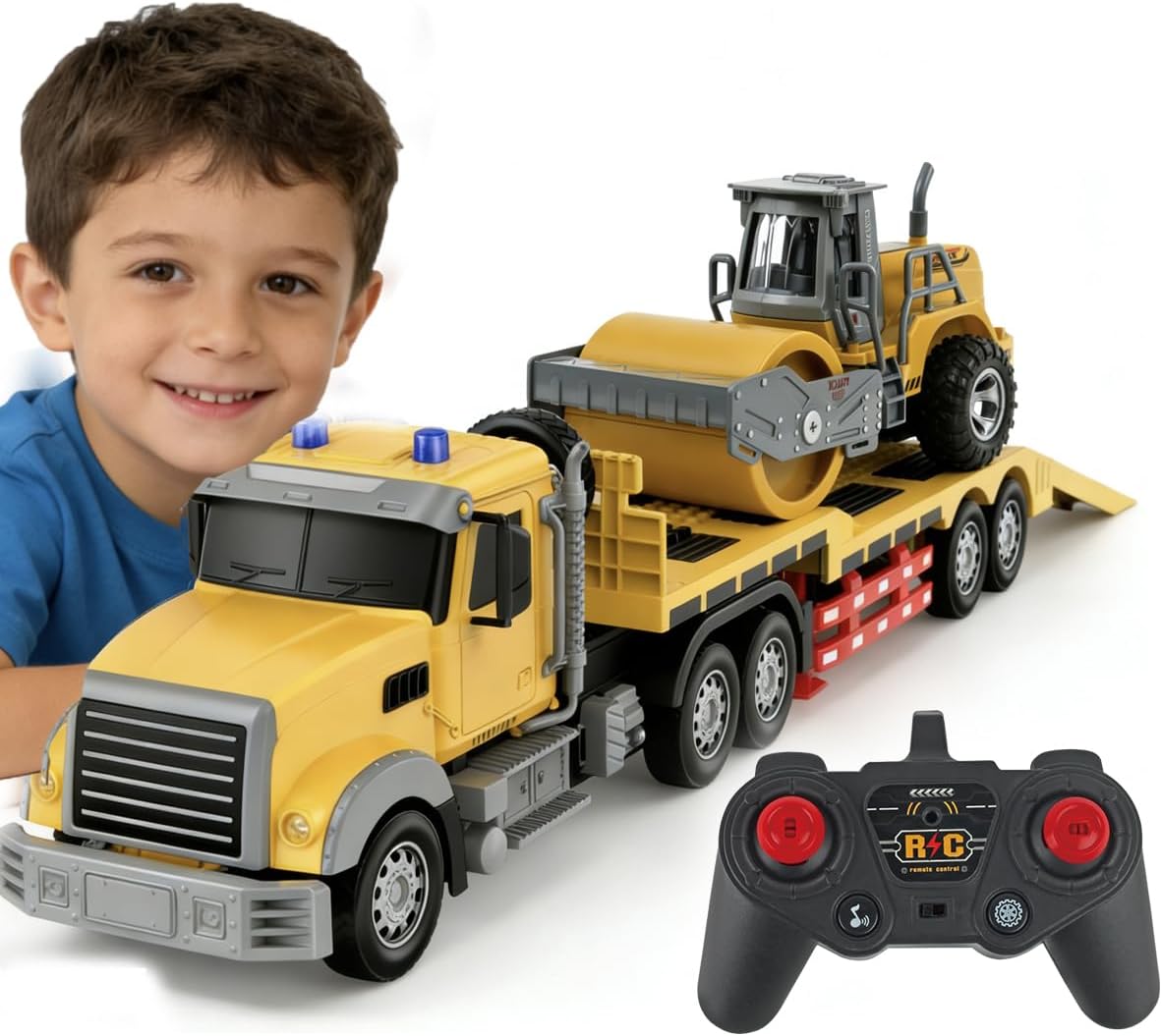 Remote Control Semi Truck with Trailer -24 Inch RC Semi-Trailer Engineering Tractor with Road Roller Toys,1:24 Truck with LED Lights & Music, Great Gift for Boys Girls