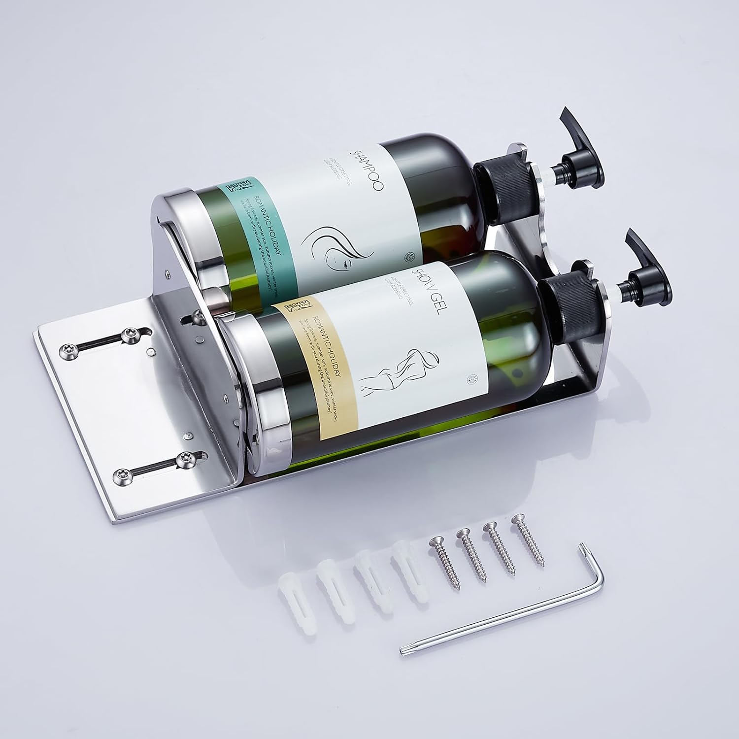 Wall-Mounted 2-Bottle Soap Dispenser Screw-on Lift Adjustable Leak-Proof Press-on Shampoo Conditioner Shower Gel Pump Soap Dispenser for Hotels, Bathrooms and Toilets Stainless Steel Glossy Finish - Image 6