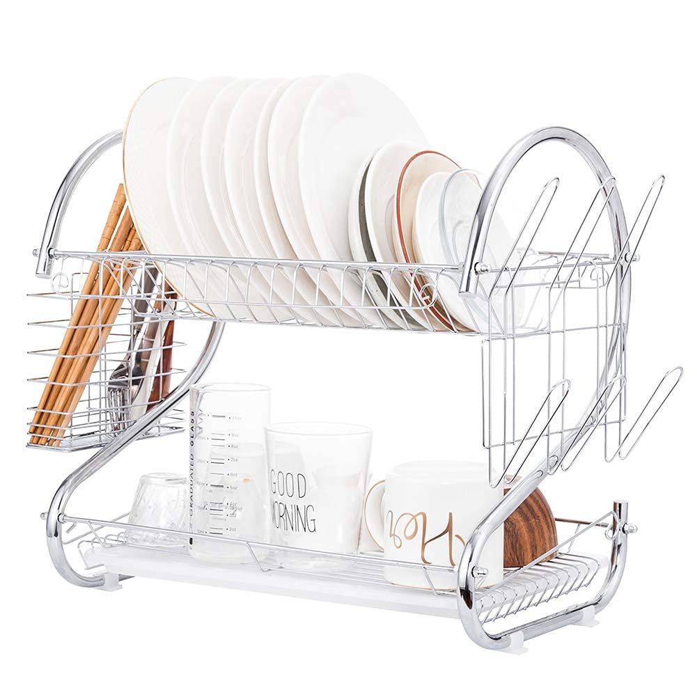 Dish Drying Rack Over the Sink, 2-Tier Dish Rack with Utensil Holder, Water Cup Holder and Drain Board for Kitchen Counter