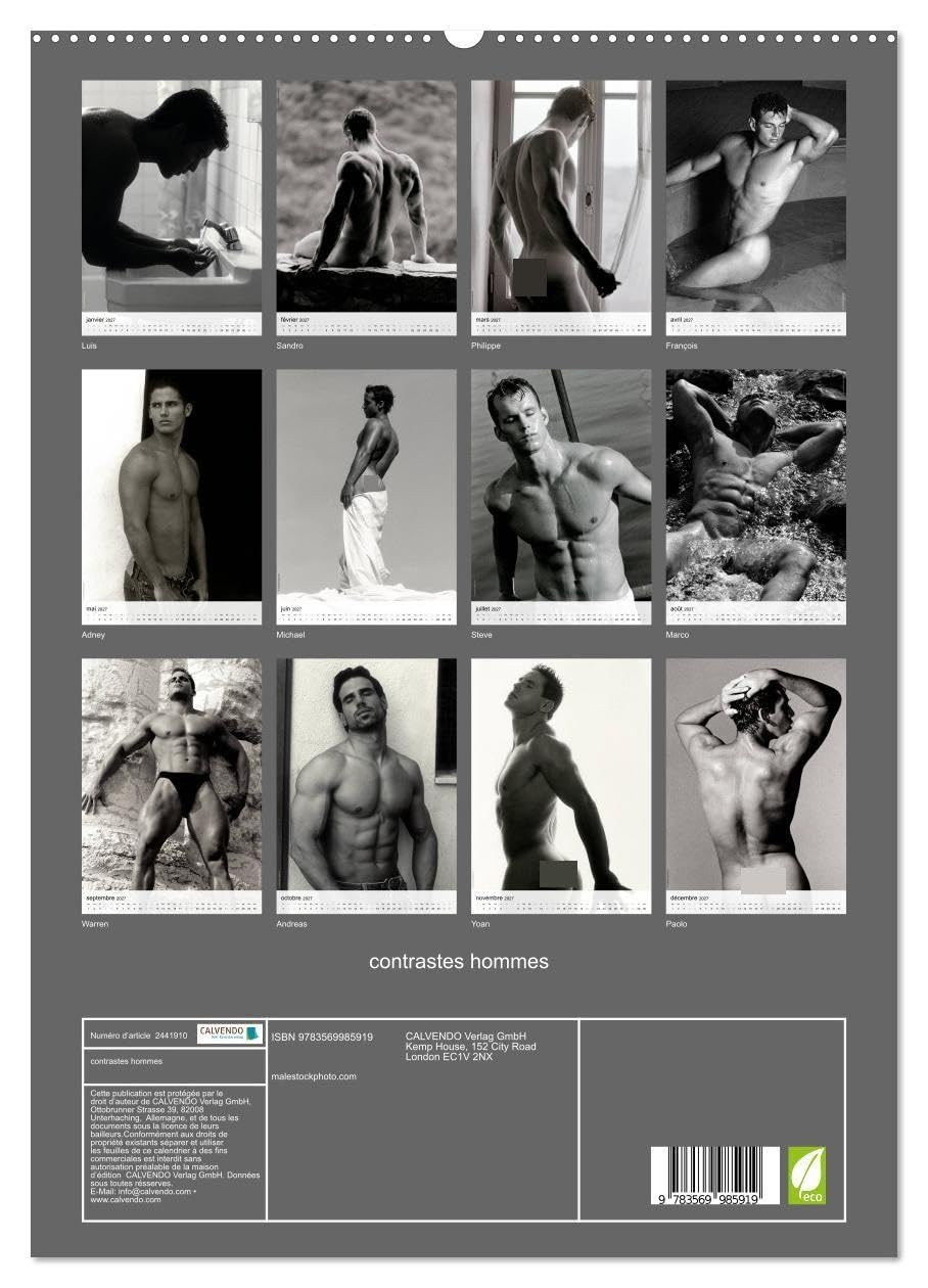 contrastes hommes (Calendrier mural haut de gamme 2027 DIN A2 horizontal), CALVENDO calendrier mensuel: Calendrier mensuel avec 13 photos en noir et blanc avec du nu artistique masculin