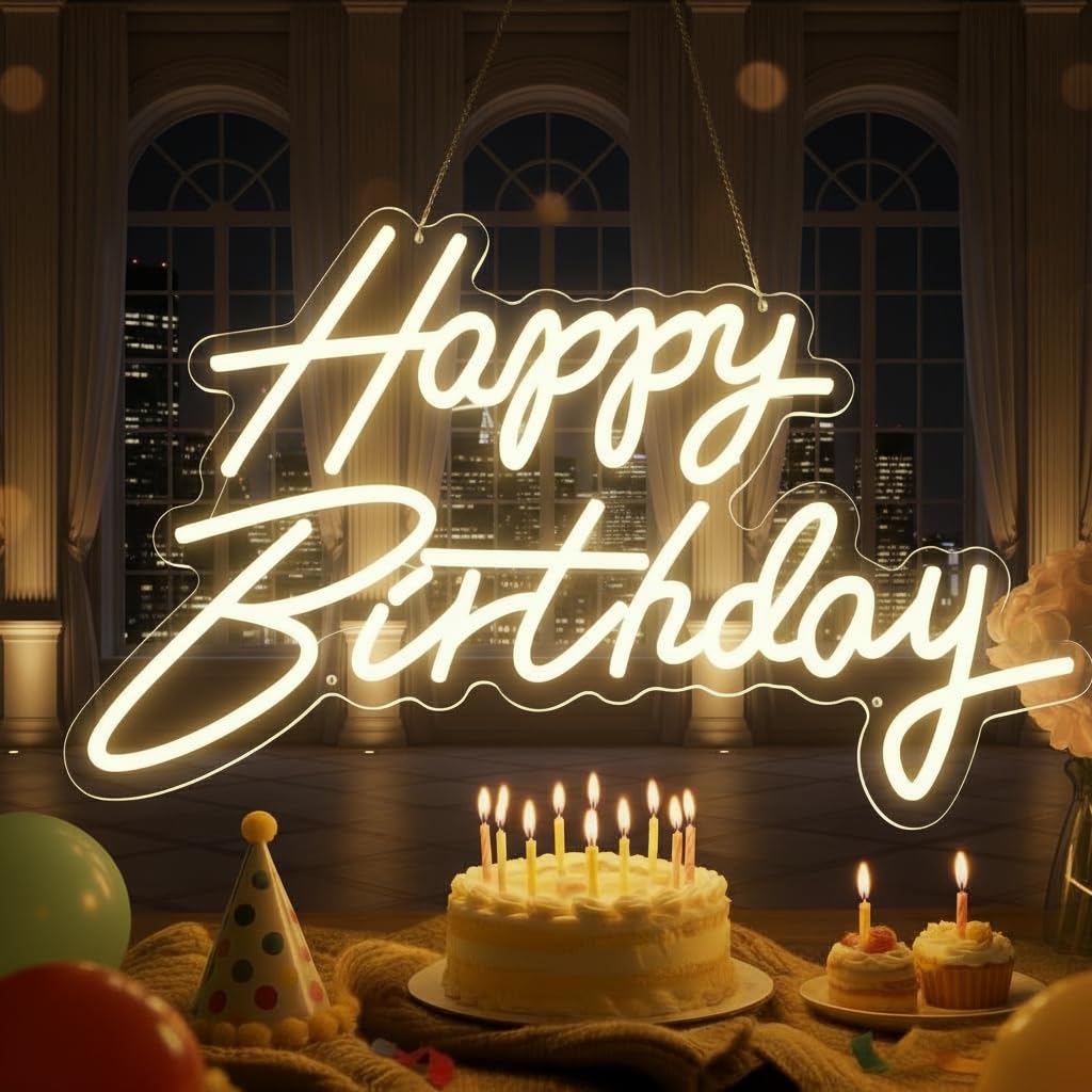 hmt happy birthday neon sign usb powered 19.6×11.8 inch large led light up sign for backdrop & birthday party decor