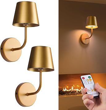 IMQSQIK LED Wireless Wall Lamp Set of 2, with 5600mAh Rechargeable Battery Powered Wall Sconces, Touch for Remote Control Infinite Dimming Be Used for Bedroom Mirror Living Room Wall PaintingGold