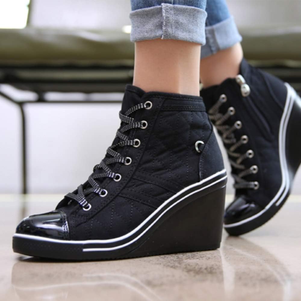epdavin Women's Casual Canvas High Top High Heel Wedges Quilted Lace Up Sneakers - Image 7