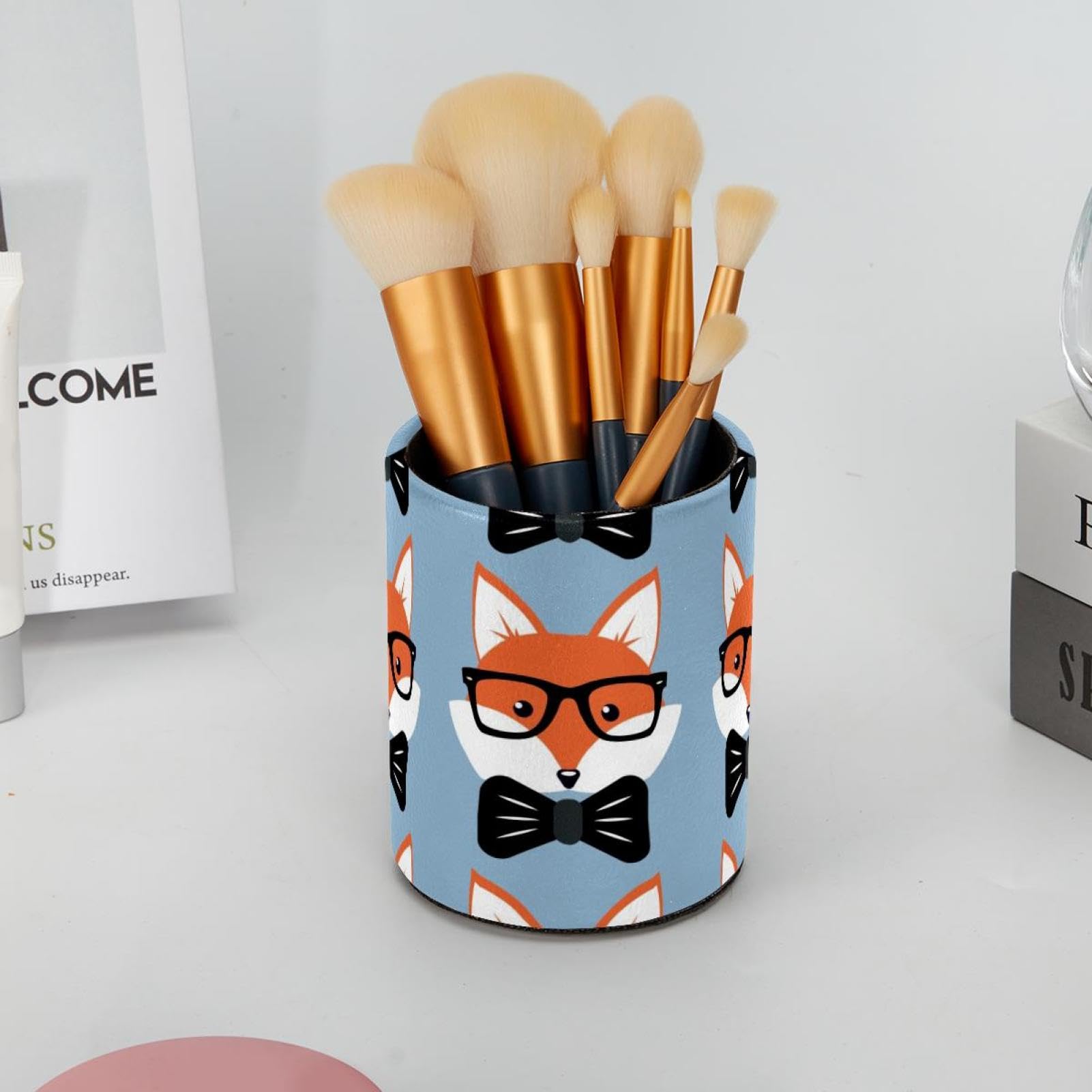Pot à crayons de grande capacité pour bureau, motif renards de dessin animé, organiseur pour bureau, salle de classe, maison, porte-pinceaux de maquillage en cuir synthétique