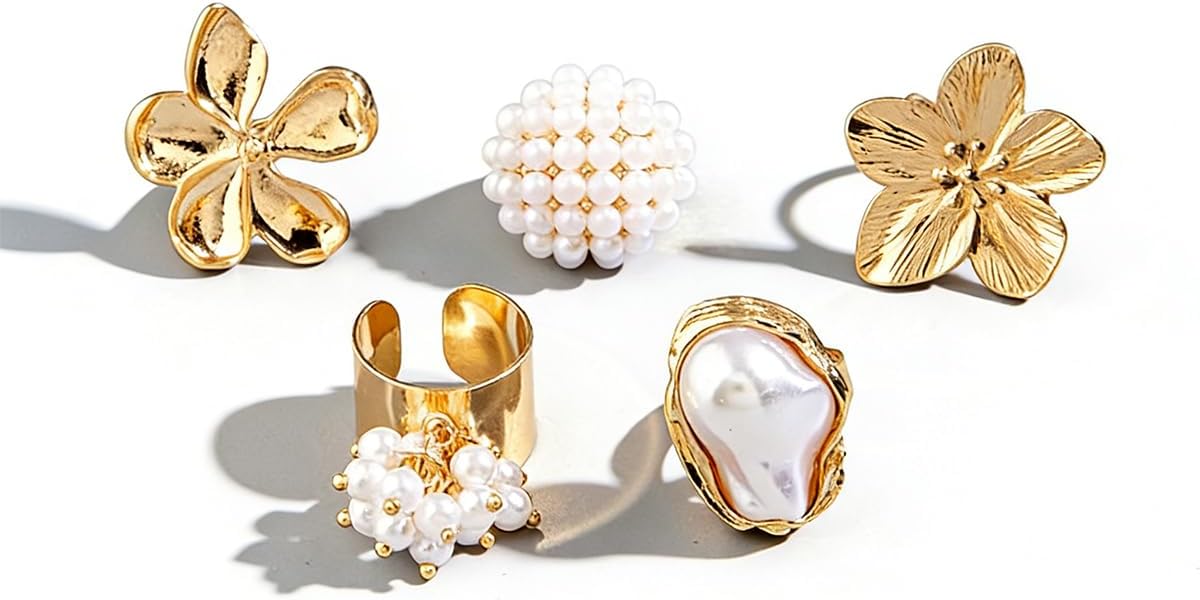 Chunky Gold Rings for Women Non Tarnish Statement Flower Ring Baroque Pearl Stackable Rings Set 6Pcs Chunky Jewelry