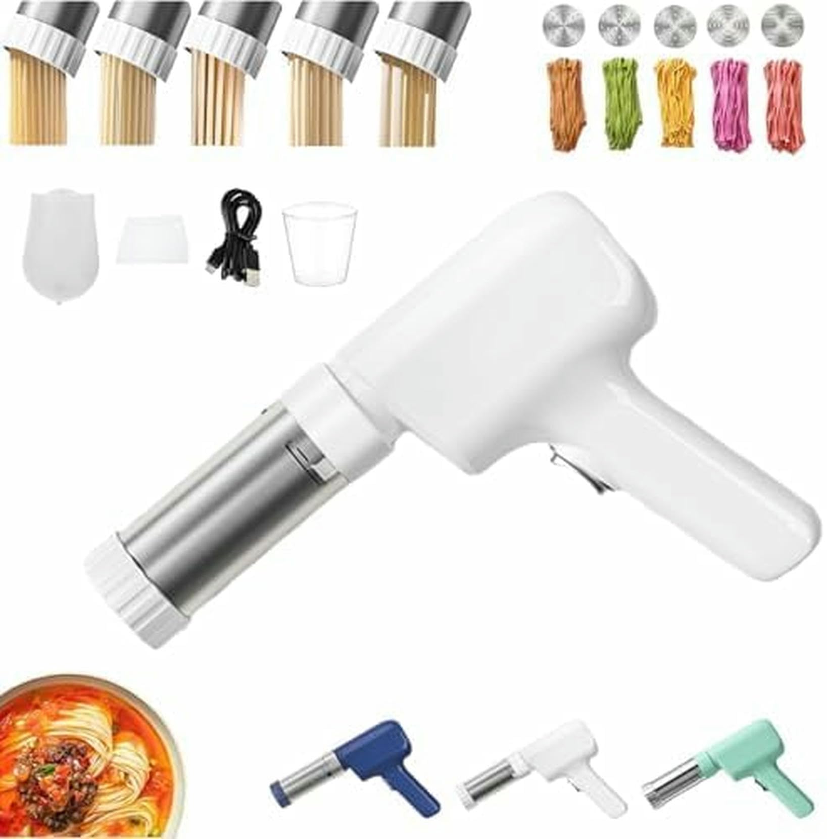 Máquina de pasta inalámbrica 5 en 1, máquina automática for hacer fideos el hogar, moldes(White)
