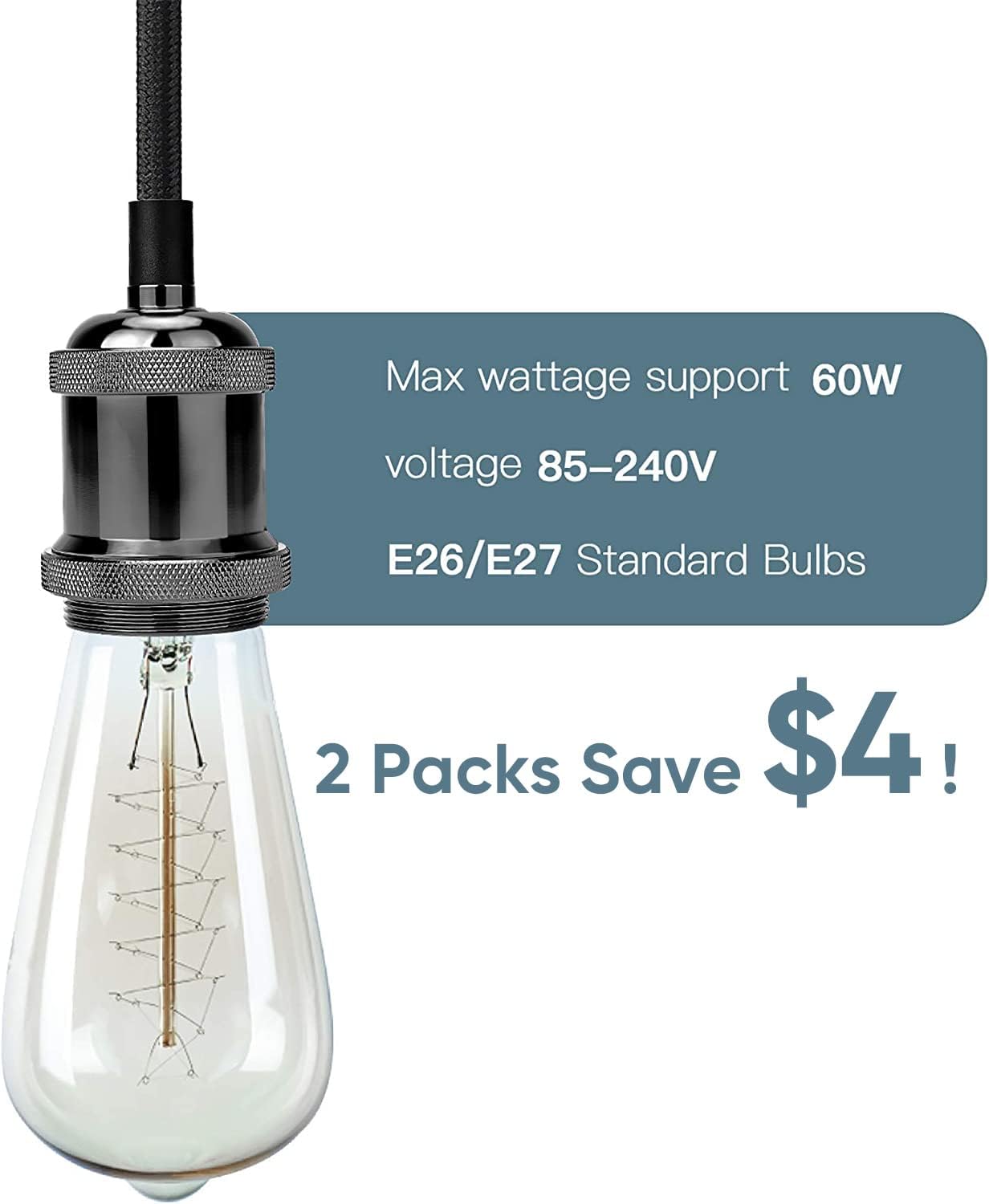 JACKYLED 2 Pack Mini Pendant Light Kit UL Vintage Socket E26 E27 Lampholder Black Woven Fabric Pendant Light Cord Adjustable Canopy Kit