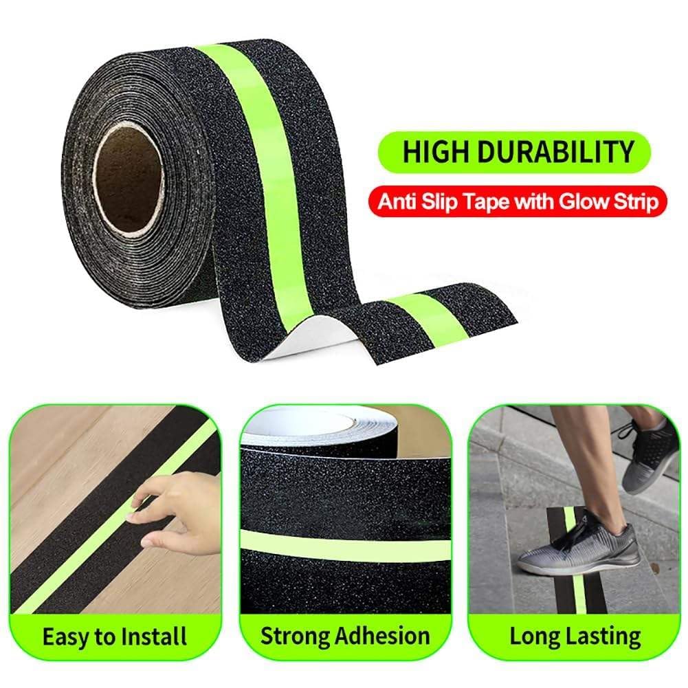 LADILA Anti Slip Tape with Glow in Dark Stripe for Stairs Waterproof Non Slip Strips for Stair Treads Black & Green Non-Slip Traction Tapes Glow in The Dark Green Light Luminous Radium Tape