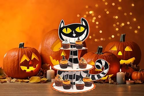 Miniatura 6 de Soporte para cupcakes de Halloween de 3 niveles para mesa de postre, torre de cupcakes de gato de Halloween, bandeja de Halloween, bandeja de cartón