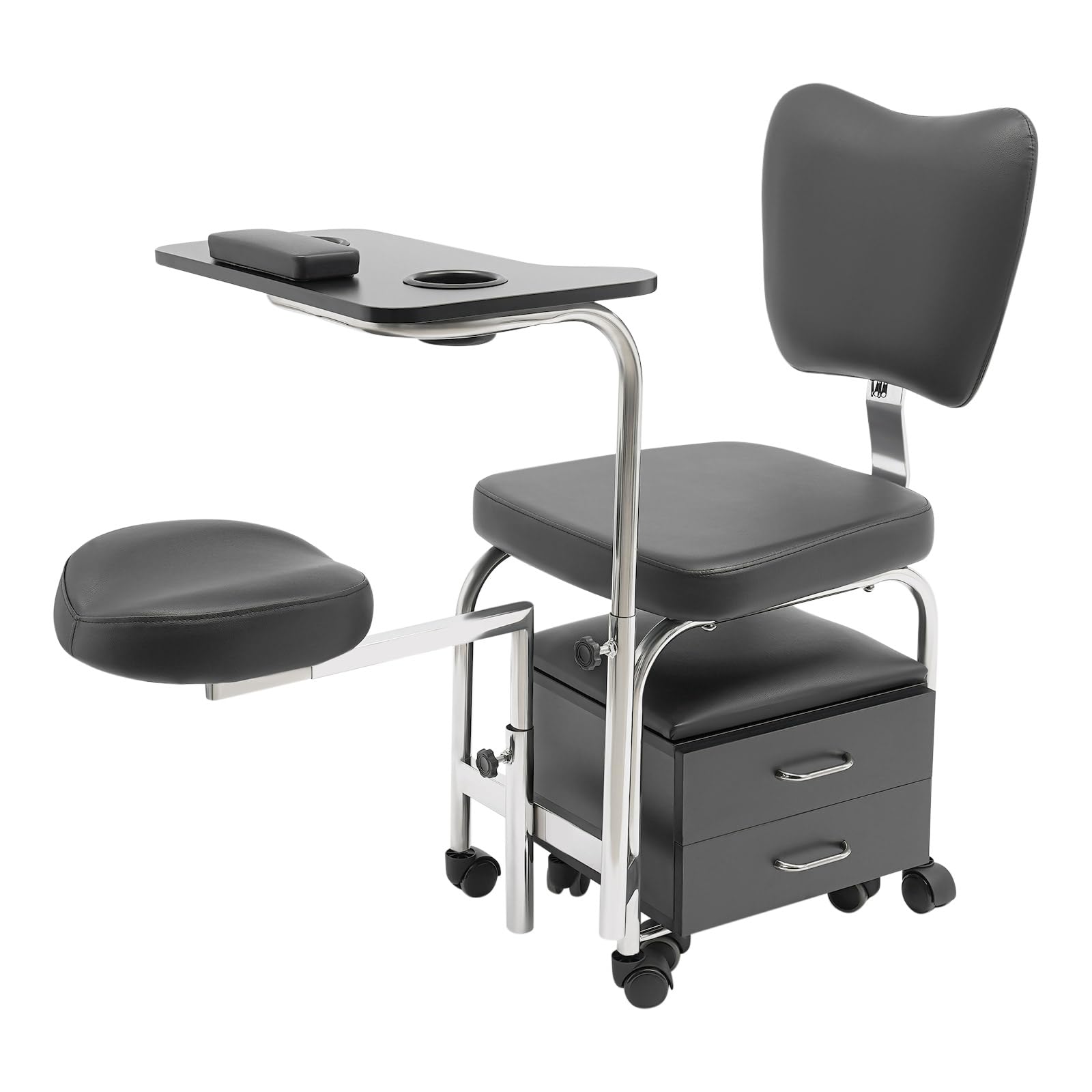 Taburete giratorio de manicura, reposapiés ajustable y soporte para manos, silla de pedicura móvil con ruedas, cómodo respaldo de esponja, taburete de masaje para spa de belleza