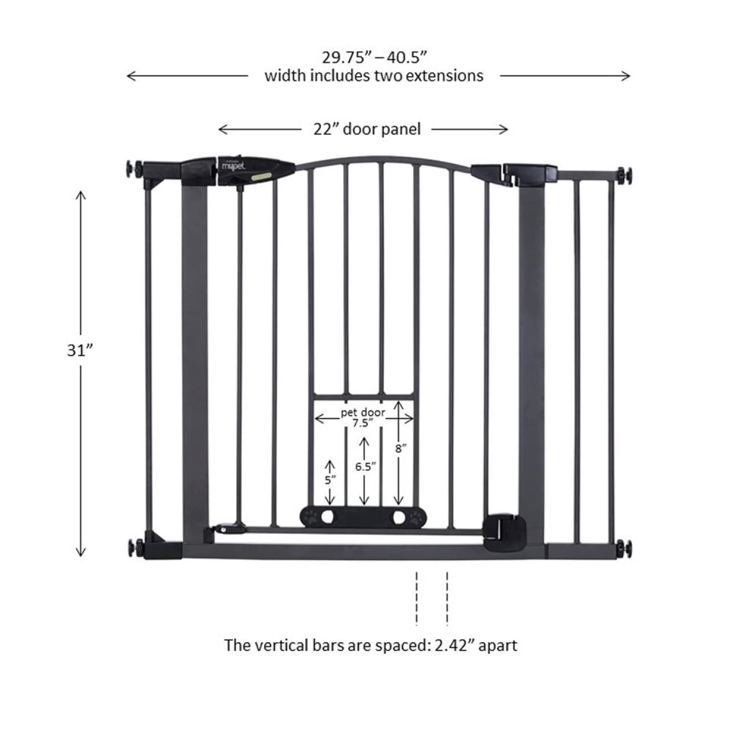 North States MyPet 40.5” Wide Wide Deco EasyPass Pet Gate: Equipped with Adjustable Small pet Door. Hard to Climb Bars. Pressure Mount. Fits 29.75" - 40.5" Wide (31” Tall, Graphite)