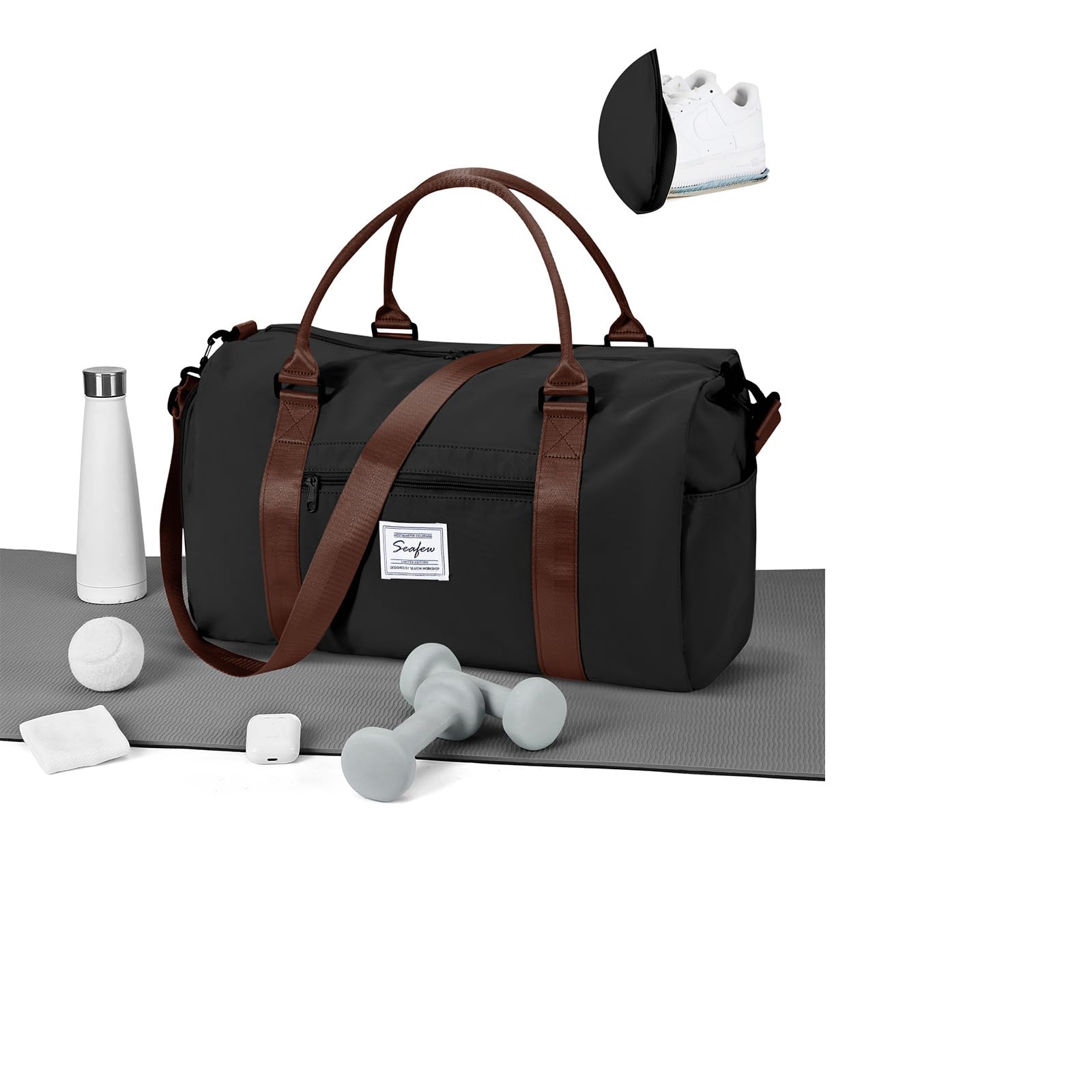 WEPLAN Gym Bag Womens Men Sports Fitness Bags Weekend Overnight Bag Travel Duffle Bags for Women with Shoes Compartment Wet Pocket,Holdall Hospital for Swimming Carry on Hand Luggag,A8-Black Brown