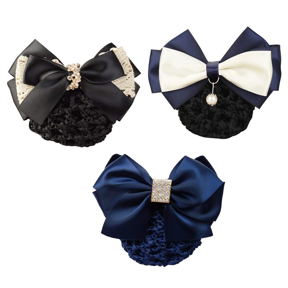 Lurrose 3pcs Women Bowknot Hair Elastic Mesh Bun Cover Rhinestone Dark for Professional Office Parties and Events
