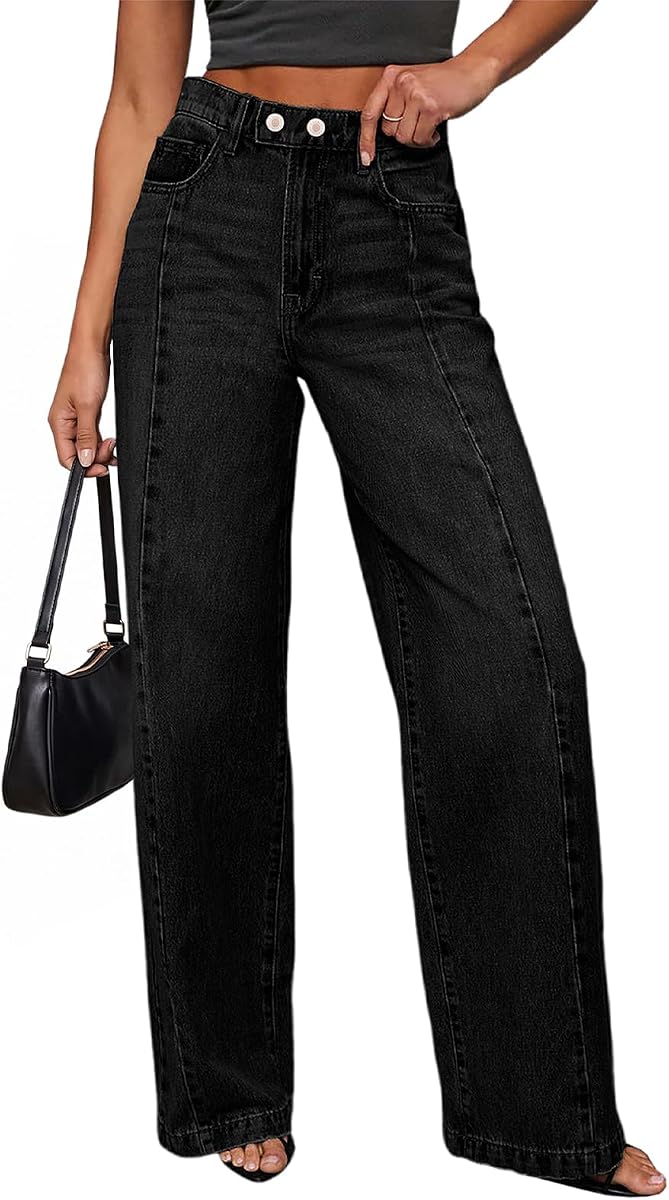 Sidefeel Women's Wide Leg Jeans High Waisted Stretchy Baggy Denim Pants | Front Seam, Arrowhead Tab, Dual-Button, Loose Fit, Soft Comfy Pants, Boyfriend Fit, Dressy Casual Wear, Full length