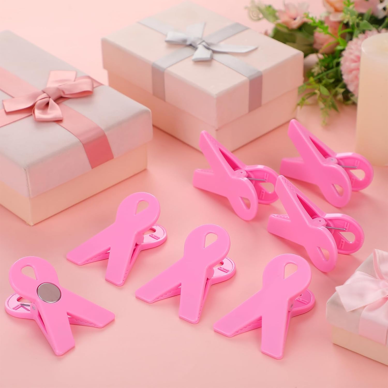 Flutesan 12 Pcs Pink Ribbon Magnet Clips Breast Cancer Awareness Accessories Decorations 2.76 x 2.56 x 1.06 Inches for Breast Love Day Themed Activities for Fridge Car Truck SUV Any Magnetic Surface image 3