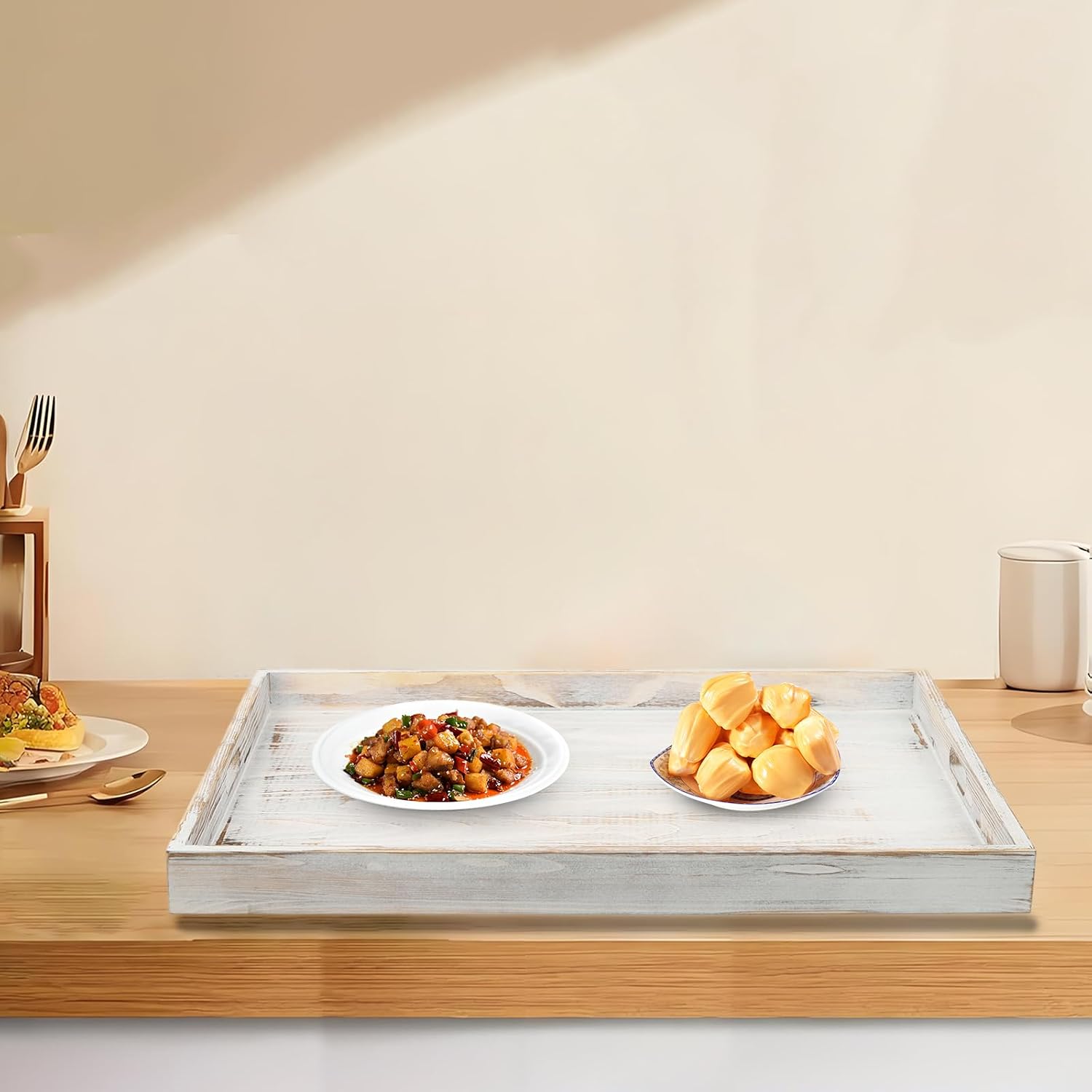Large Pine Wood Stovetop Cover, 29.5” Kitchen Counter Extension Board & Serving Tray with Handles, Rustic Farmhouse Style Heavy Duty Kitchen Island Cover for Extra Space & Storage (Old-white)