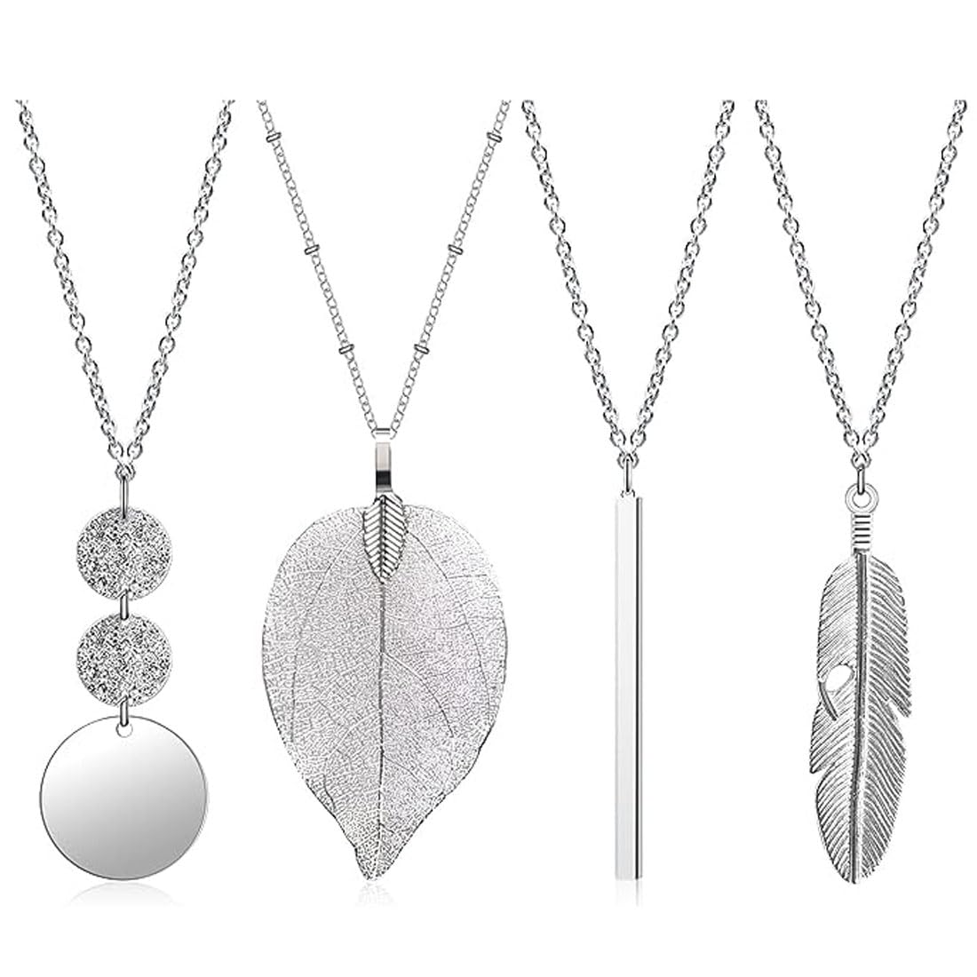 PSOWQ PSOWQ Collares Largos Colgantes para Mujeres-4 Collar de Moda con Colgante de joyería, Collar Largo de suéter, Conjunto de Plata Bar, Pluma, círculo, Borla, Collar en Y, Conjunto de Joyas, Plata