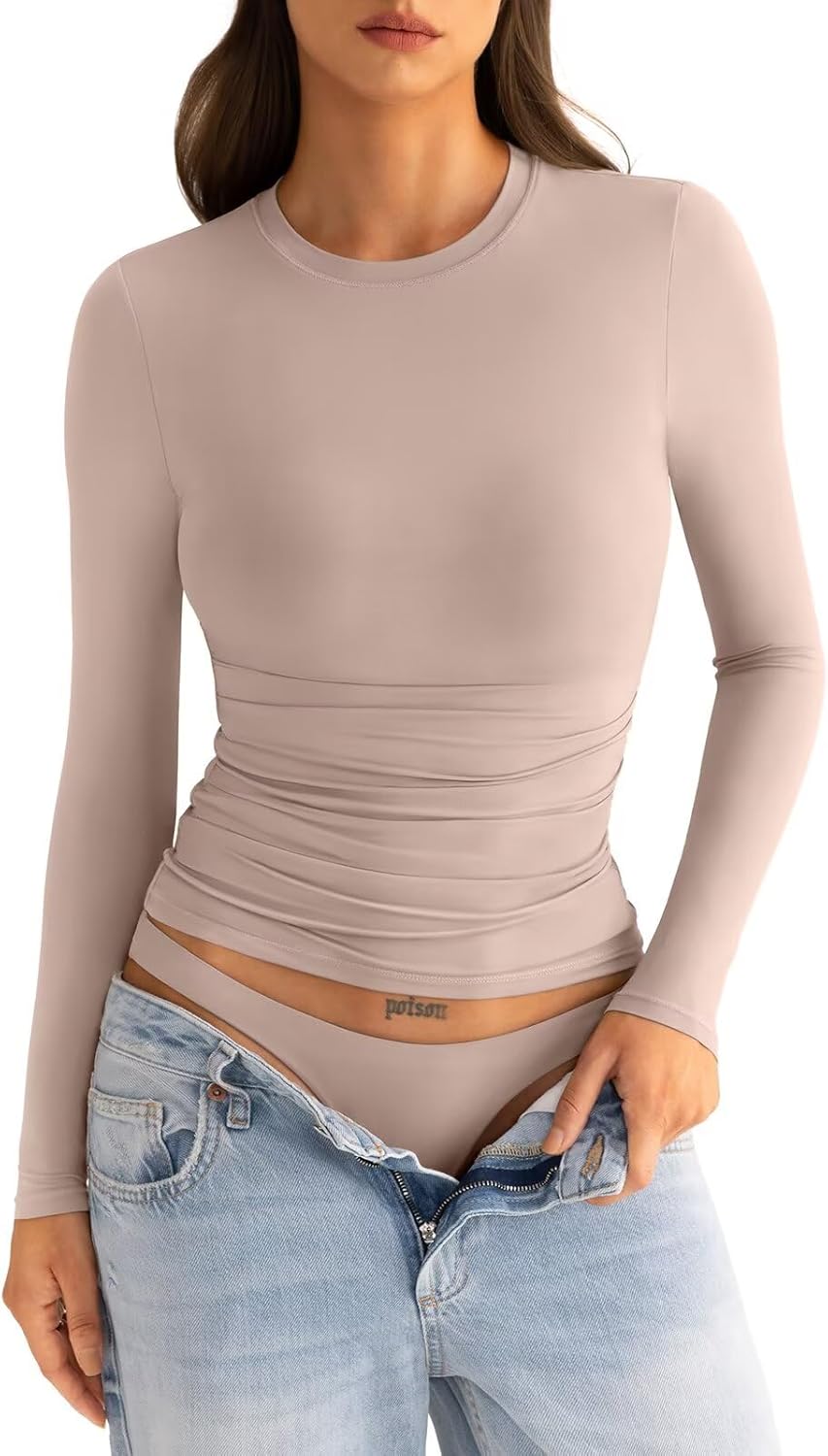 EasyGala Womens Double Lined Long Sleeve Shirts Crewneck Ruched Top Tight Fitted Basic Tee Fall Going Out Outfits 2026