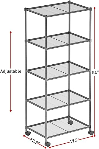Miniatura 7 de OVICAR Estante de almacenamiento con ruedas  Estantería ajustable de alambre de malla de 5 niveles, estante de almacenamiento de metal para cocina,