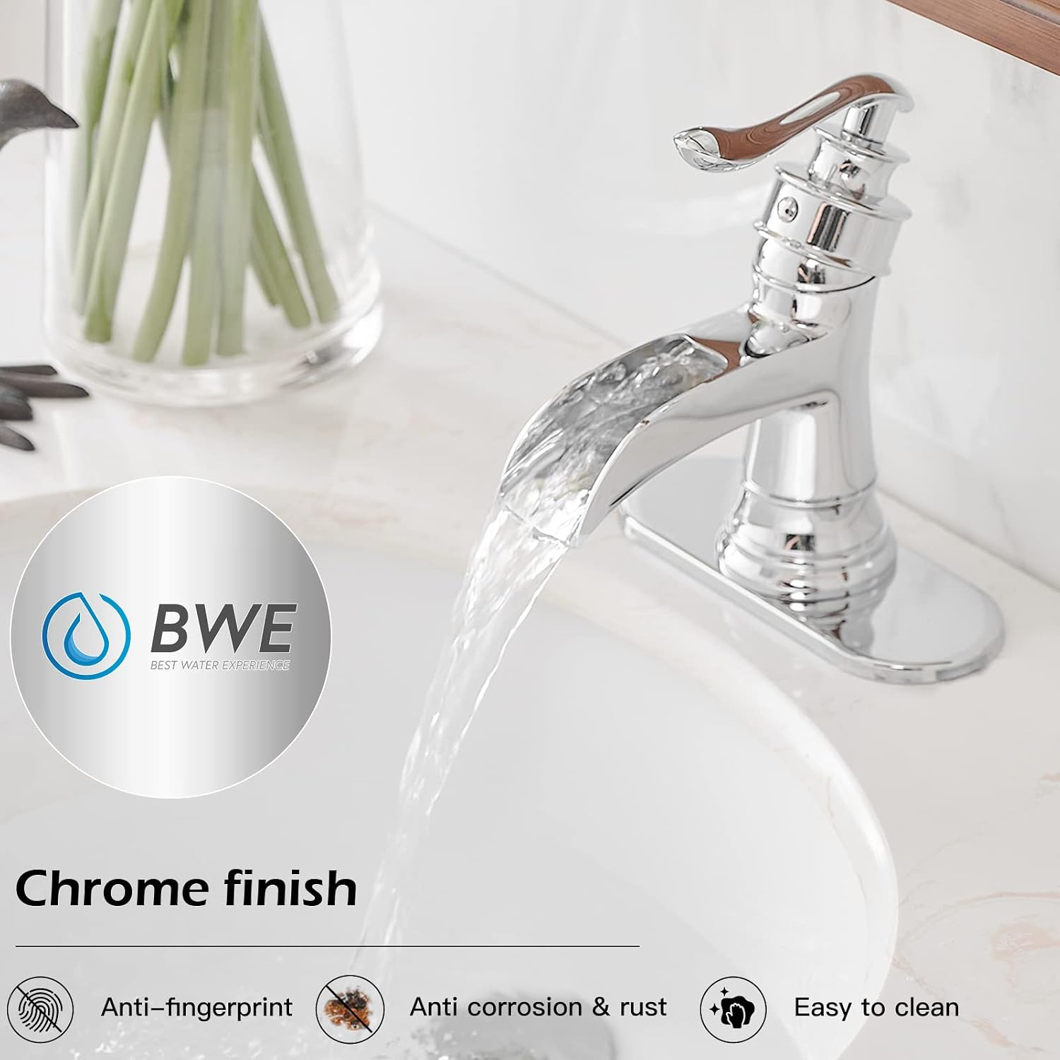 BWE Bathroom Faucet Chrome Waterfall Sink Bath Faucets Single Handle Hole Lavatory Vanity Restroom Commercial Water Supply Lines Hose Polished Lead-Free
