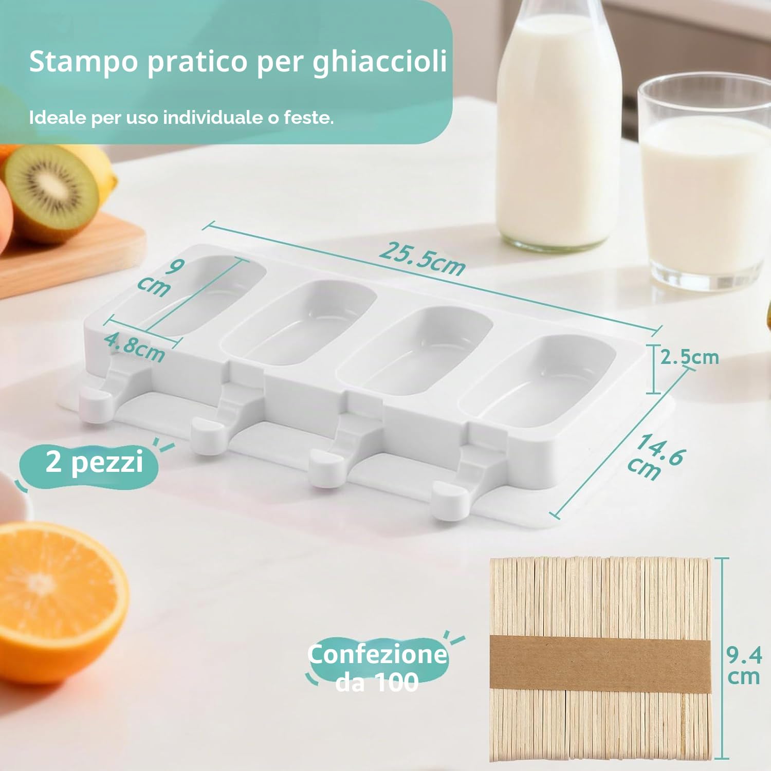 Stampi per Ghiaccioli in Silicone 2 Set con 100 Bastoncini e Coperchio, Formine Ghiaccioli senza BPA, Grande