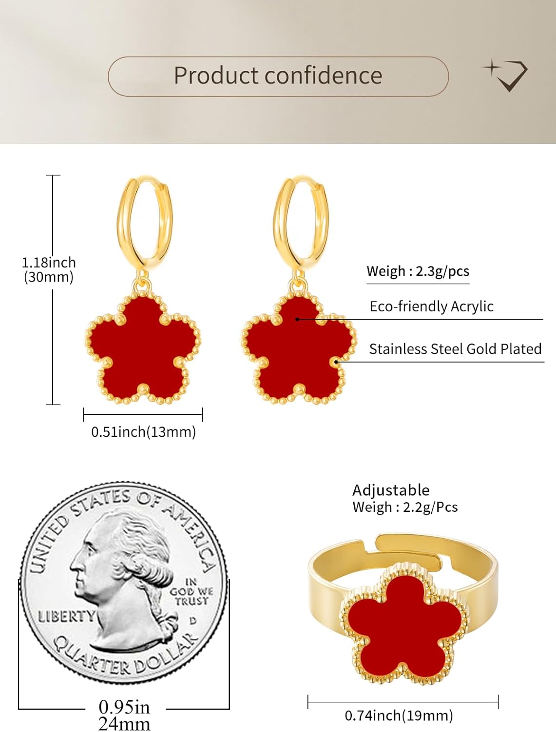 Gold Plated Five Leaf Clover Rings and Dangle Earrings Set for Women Lucky Flower Jewelry - Image 3