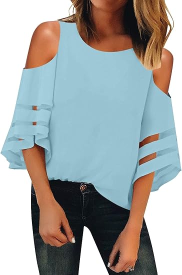 LookbookStore Women's Cold Shoulder Loose Shirt Tops 3/4 Bell Mesh Sleeve Blouse