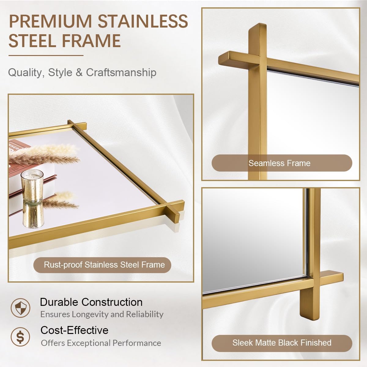 ANDY STAR Brushed Brass Mirror, 22x30 Inch Gold Rectangle Bathroom Mirror for Wall with Cross Corner in 1’’ Deep Anti-Rust SUS304 Metal Frame for Home Decor Wall Mounted Vertical/Horizontal