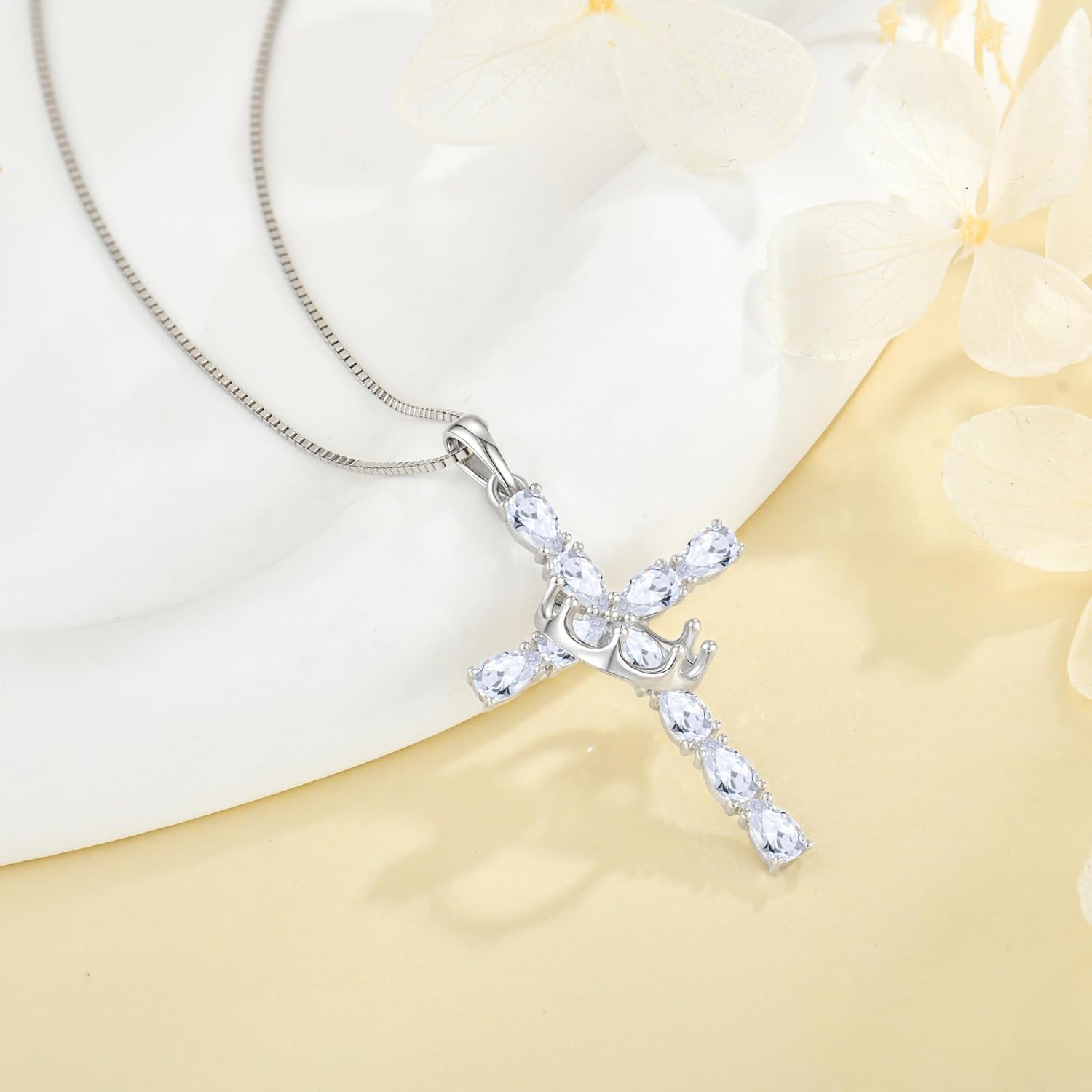 Crown Cross Necklace for Women 925 Sterling Silver Pear Shaped Birthstone Necklace Cross with Rotatable Crown Pendant Fine Jewelry - Image 3