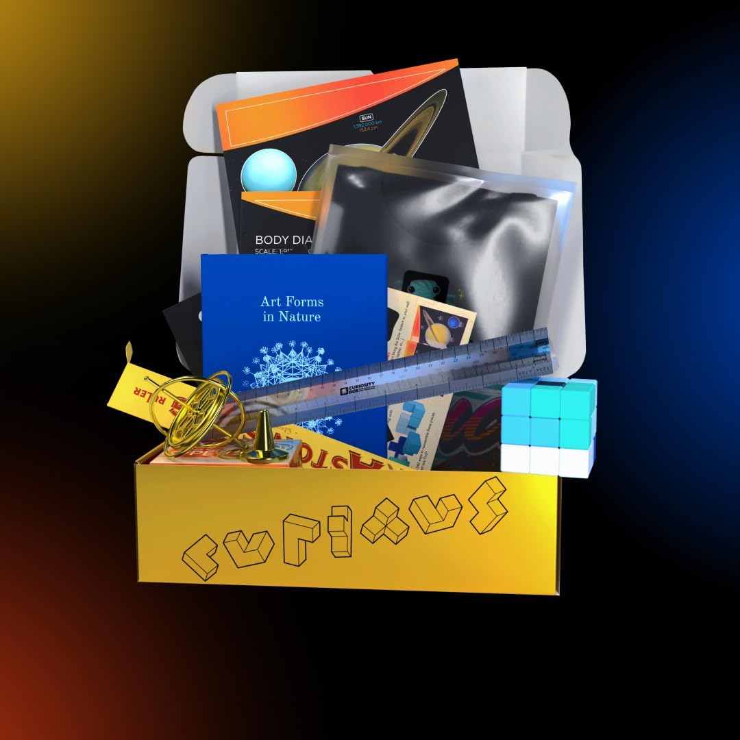 The Curiosity Box Science Gadgets for Teenagers and Adults, STEM Collection with Gyroscope, Astonishing Ruler, Soma Cube, Solar System Decals, Art Forms in Nature Book + Vsauce Vice T-Shirt (L)