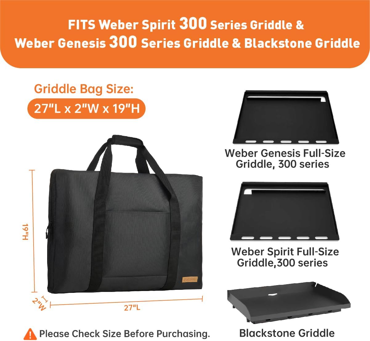 Heavy Duty 1680D Full-Size Griddle Carry Bag Compatible with Weber Spirit 300 Series, Weber Genesis 300 Series, Blackstone and Camp Chef Griddle Top 27" L x 2" W x 19" H