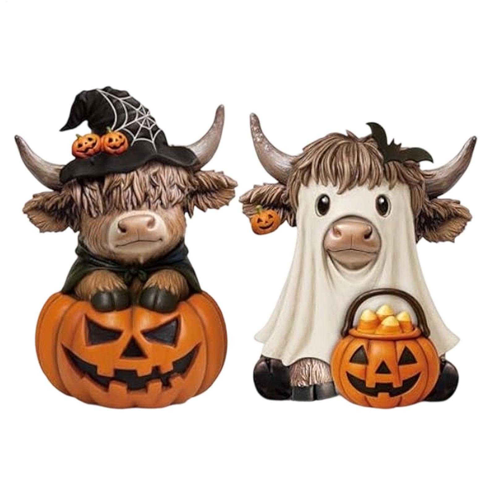 Halloween Highland Cow Ornament, 2-pcs Resin Highland Cattle w/Pumpkin