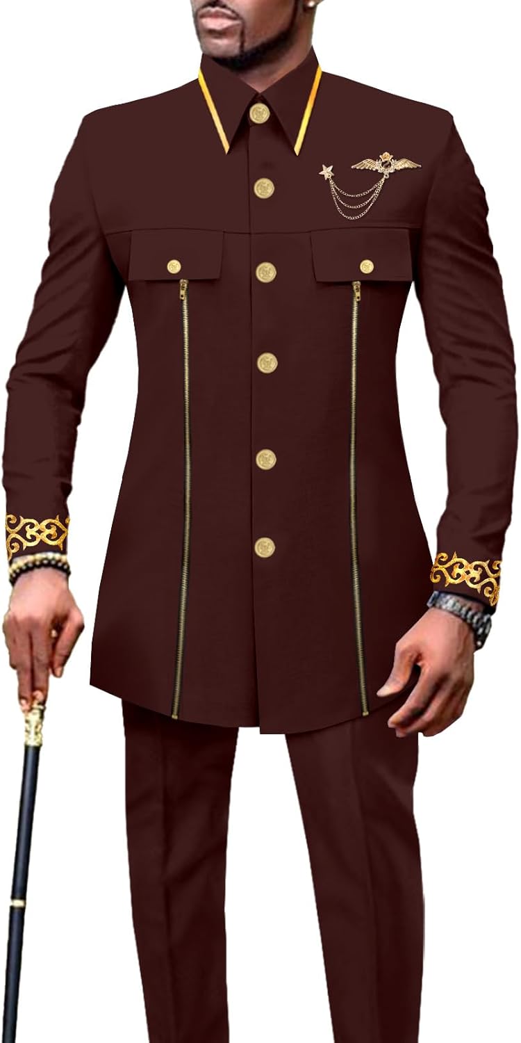 Men`s Suits African Clothes Slim Fit Embroidery Single Breasted Zip Blazer and Pants Set Formal Outfits
