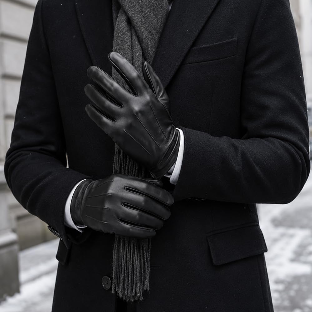 Harssidanzar Gants en cuir à écran tactile pour hommes doublure en cachemire gants en cuir de mouton SM052EU