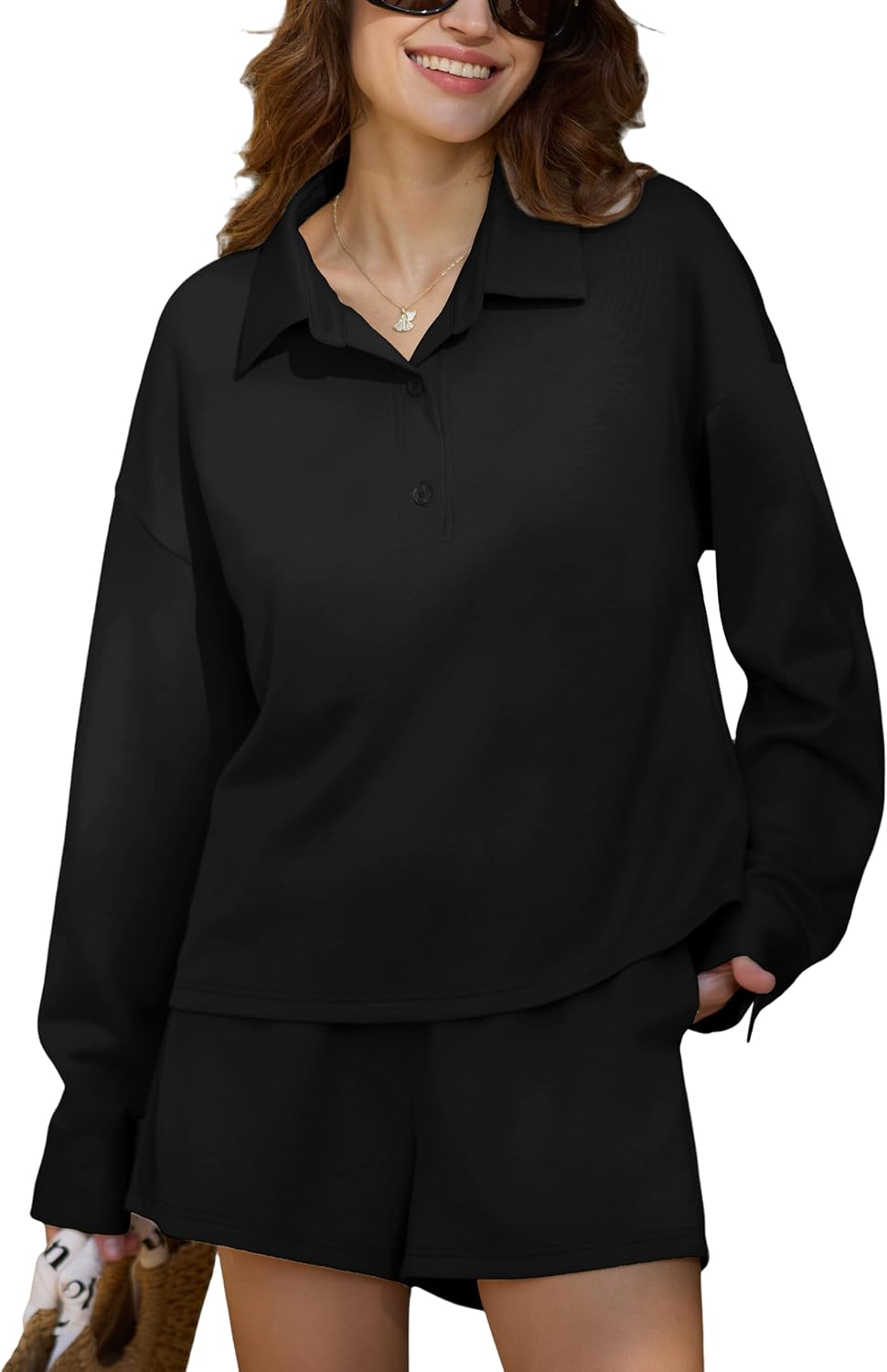 KFUBUO Fall Outfits for Women 2025 2 Piece Lounge Sets Long Sleeve Sweatshirt and Shorts Tracksuits Casual Sweatsuit XX-Large Black