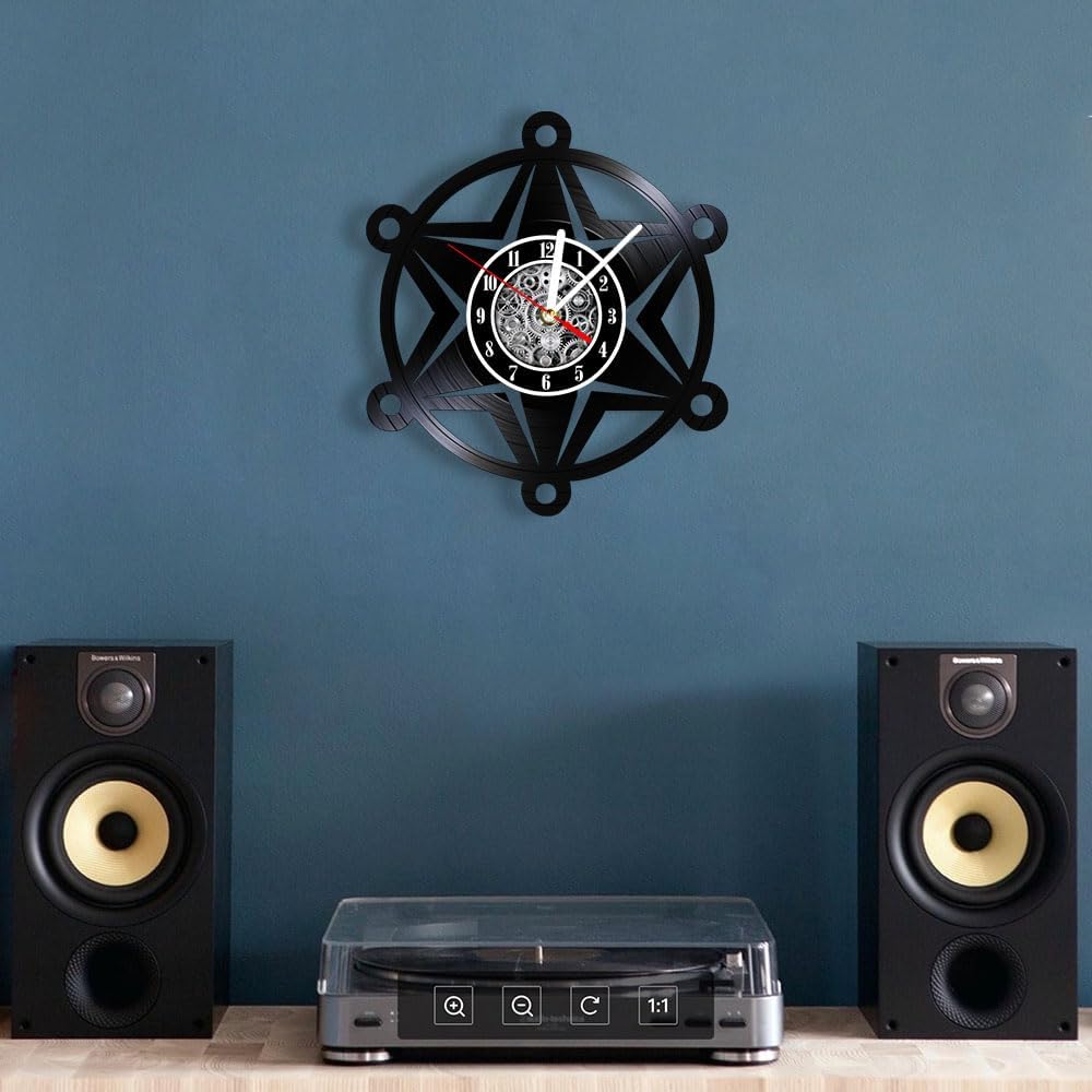 The Geeky Days Western Star Sheriff Badge Vinyl Record Nightlight Wall Clock for Law Enforcement Office Room Vintage Handicraft Music Album Luminous Wall Clock Deputy Police Officer Retirement Gifts