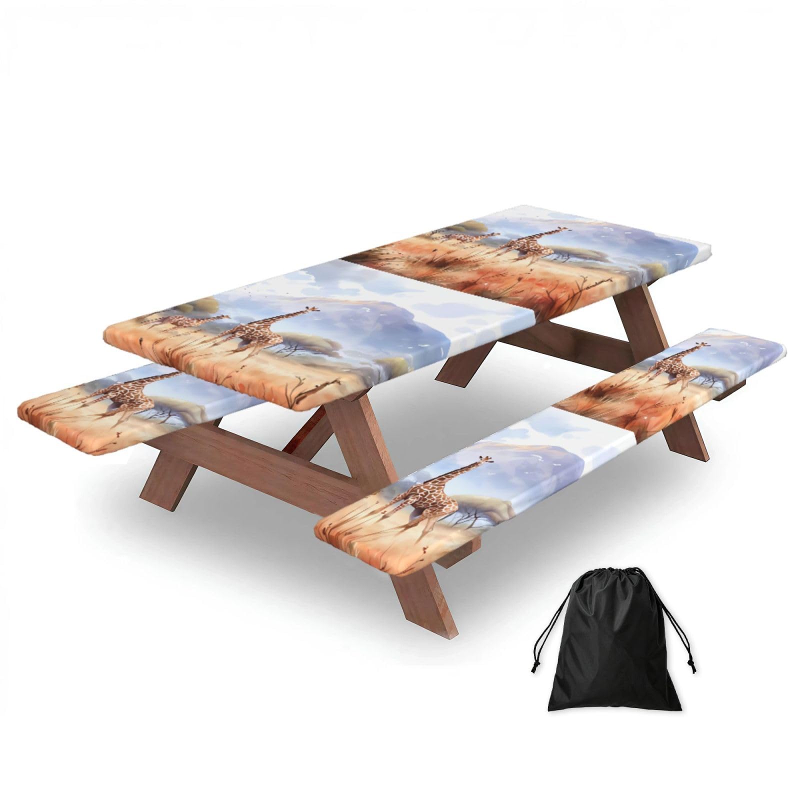Erwqavc Black African Savanna Giraffe Print Picnic Table Cover & Bench Covers 3-Pack Set, Elastic Tablecloths For 6 Ft Rectangle Tables