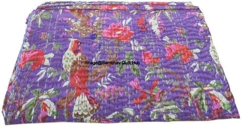 Queen/Twin/King Purple Handmade Bird Home Decor Bed Bohemian Bird Queen Bedspread Handcrafted Handmade Quilt Kantha Bird Print Cover Unique Blanket Bedding Quilt (90X108 inch)