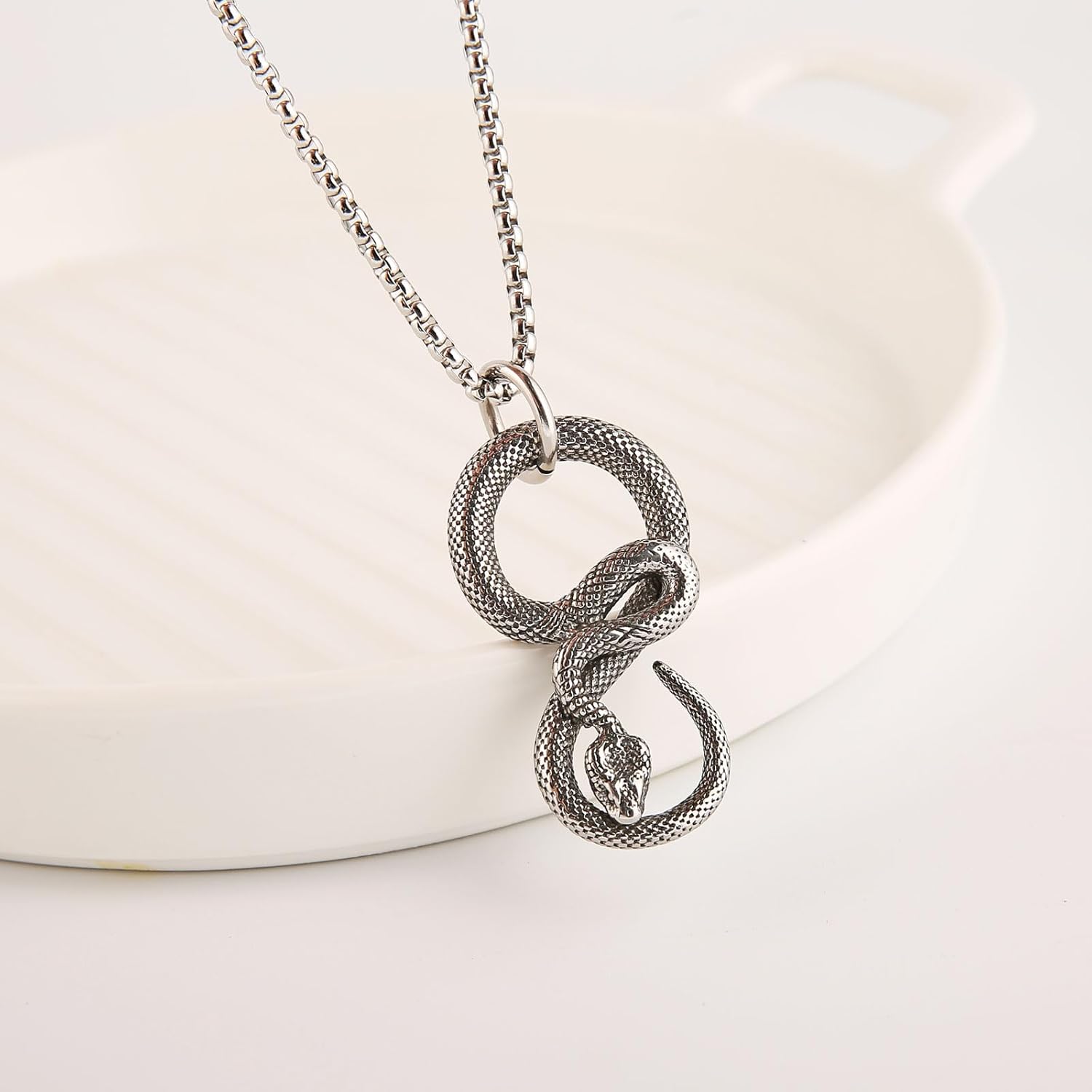 Men's Gothic Punk Animal Snake Pendant Necklace, 316L Stainless Steel Material, Silver Stainless Steel Square Pearl Chain, Retro Jewelry Gift - Image 3