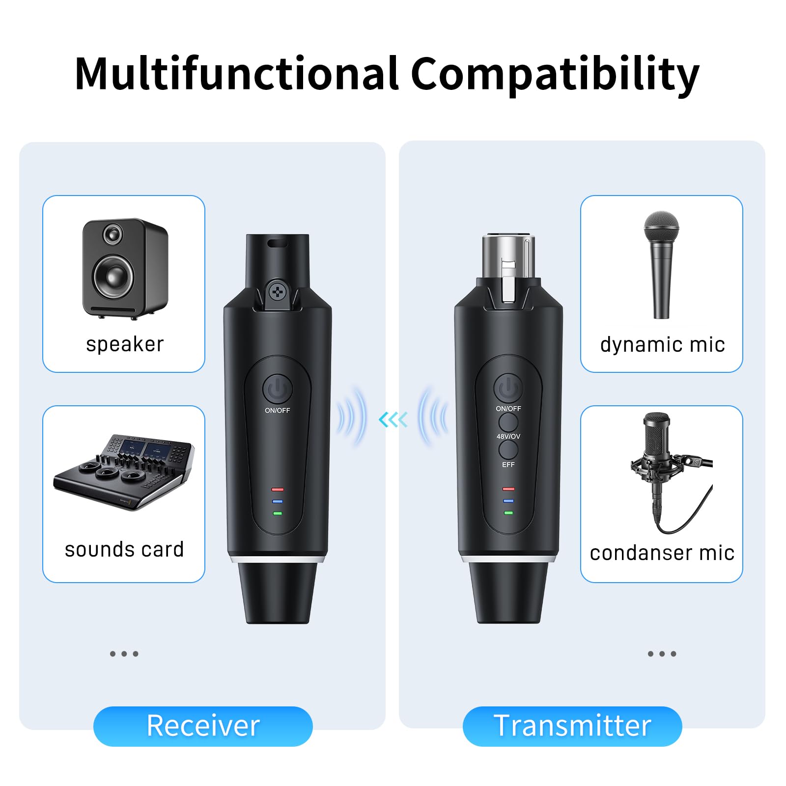 Microphone sans fil XLR 2,4 GHz émetteur récepteur 1 à 1 pour microphone dynamique et à condensateur 50-100 m