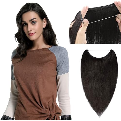 100% Human Hair Extensions Human Hair Wire In Hair Extensions One Piece Secret Fish Line Hair Piece Transparent Invisible Rubber Band With 2 Clips Long Silky Straight #1B Natural Black 18'' 65g