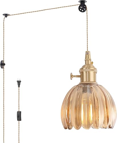 Miniatura 207 de Lámpara colgante con pantalla de cristal ámbar Scindapsus de cristal, lámpara colgante vintage de latón, luz colgante ajustable para cocina, isla
