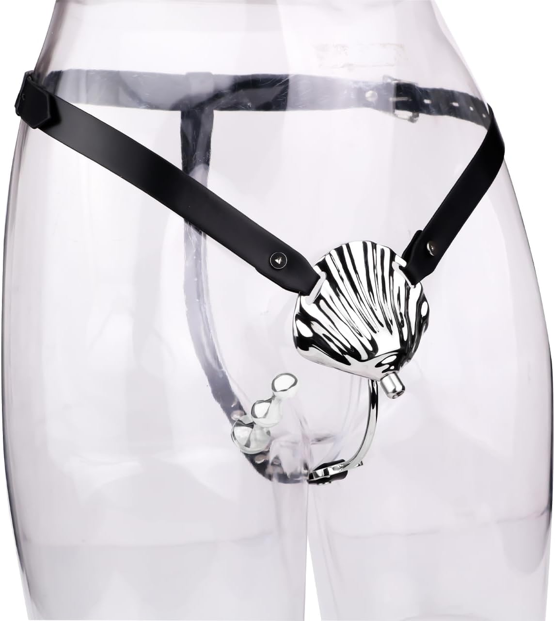 4 Styles of Seashell Shape Metal Mini Cock Cage with Belt, Wearable Male Chastity Cage with Lock and Key Adult Sex Toy for Men - with Belt and Anal Plug and Catheter