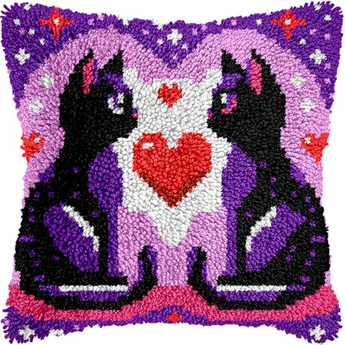 Image of Couple Cats Valentine Latch Hook Kits for Adults Kids Beginners Cute Animals Latch Hook Pillow Kit Pre-Printed Latch Hook Rug Kits Cross-stitch Embroidery Cushion for Home Sofa Decoration 17x17 in.