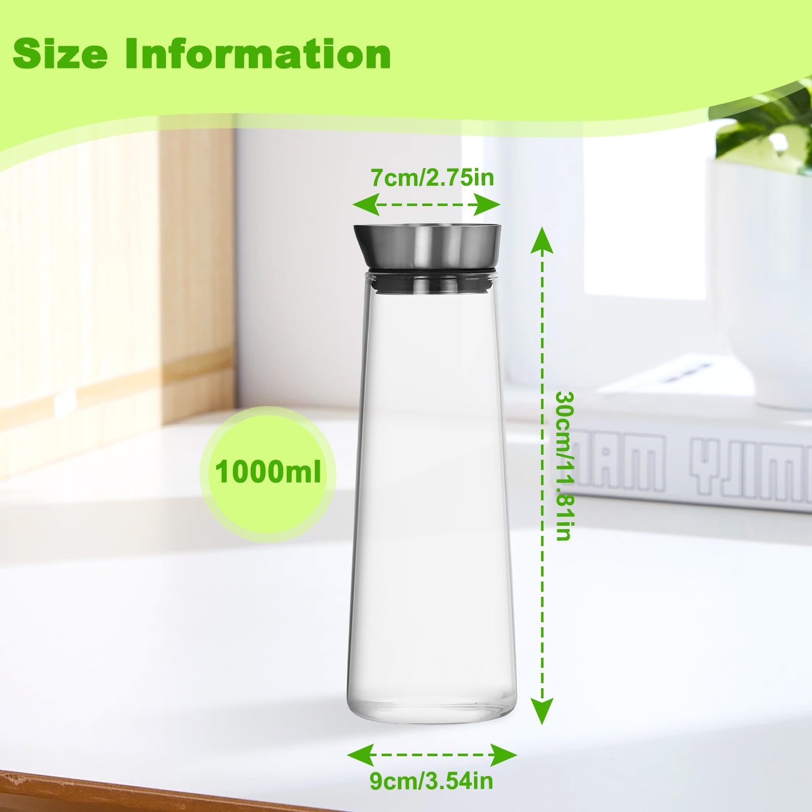 1L Caraffa Vetro con Versatore e Coperchio Acciaio Inox, Bottiglie Borosilicato Resistente, Bottiglia Succo Refrigerante, Brocca Acqua per Latte, Bevande, Ghiacciate, Limonata, Succo Frutta