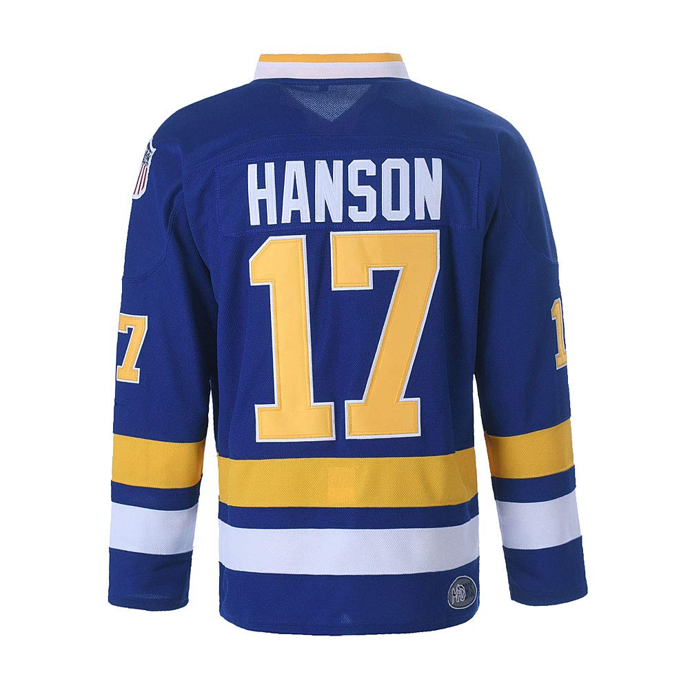 Hanson Brothers Charlestown Chiefs 16 Jack 17 Steve 18 Jeff Slap Shot Movie Ice Hockey Jersey - Blue - Large